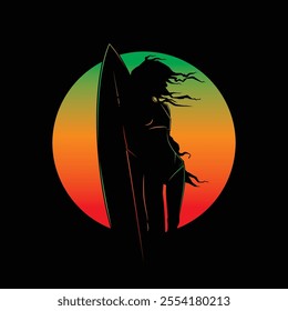 Original vector vintage illustration. A girl with a surfboard on the background of the sunset. T-shirt Design. Hand drawn, not AI