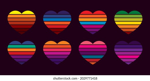 Original vector vintage set. A collection of retro sunset in the form of a heart.