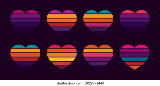 Original vector vintage set. A collection of retro sunset in the form of a heart.