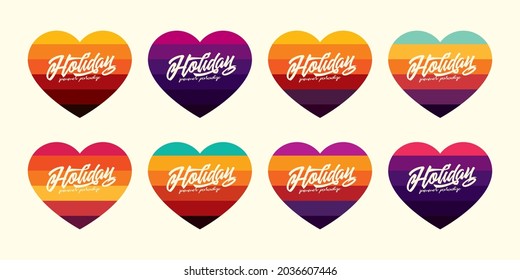 Original vector vintage set. A collection of retro sunset in the shape of a heart with a text composition.