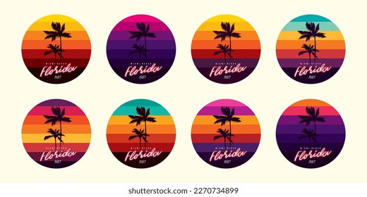 Original vector vintage set. Round retro sunset collection. T-shirt design, design element.