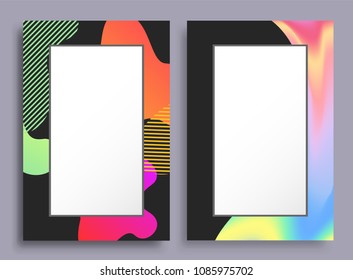 Original vertical frames stains and pattern set, empty frameworks with creative design, blank boxes framing colorful blots vector illustrations
