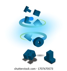 original vertical teleport logo of falling letters, isolated vector on a white background
