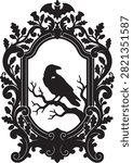 Original Victorian gothic mirror silhouette featuring a perched raven reflected inside an ornate frame with oak leaves, acorns, and woodland branches. Premium black vector isolated on white for Cricut, laser cutting, vinyl, stickers, and commercial Halloween use.