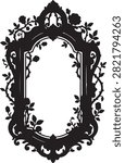 Original Victorian mirror silhouette decorated with blooming roses, thorn branches, and elegant botanical vines surrounding an ornate gothic frame. Premium black vector isolated on white for Cricut, laser cutting, vinyl, stickers, and commercial projects.