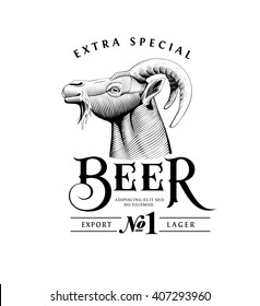 Original vintage badge logo design template for beer house, bar, pub, brewing company, brewery, tavern, taproom, alehouse, beerhouse, restaurant with custom lettering and wild goat head