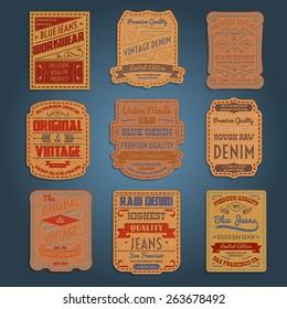 Original vintage blue raw jeans genuine leather exclusive brands classic decorative labels collection abstract isolated vector illustration