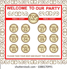 Original Vintage Board With Gold Decorate Frame And A Guest List. Rings On A Top Table.  Seating Chart. Includes Tables List. Seating Plan. Easy To Edit. Luxury Design.
