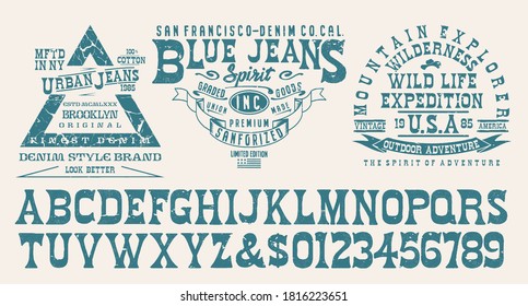 Original vintage Denim print  for t-shirt or apparel. Old school vector graphic for fashion and printing. Hand drawn  calligraphy typeface. 