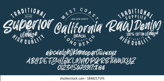 Original vintage Denim print  for t-shirt or apparel. Old school vector graphic for fashion and printing. Hand drawn  calligraphy typeface. California beach.