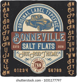 Original vintage label typeface named "Bonneville". Good handcrafted font for any vintage label design.