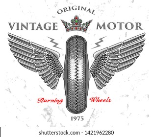 original vintage motor slogan vector crown tire wings illustration logo wallpaper poster tee shirt graphic textile print design