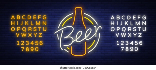 Original vintage retro design of a neon-style logo for a beer house, bar pub, brewery brewery, tavern stuffing pub restaurant. Night beer advertising, neon glowing bright sign. Editing text neon sign.