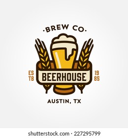 Original Vintage Retro Line Art Badge Logo Design Template For Beer House, Bar, Pub, Brewing Company, Brewery, Tavern, Taproom, Alehouse, Beerhouse, Dramshop, Restaurant