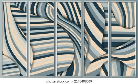 Original vintage striped panel with 3D effect. Overlapping abstract shapes from flowing stripes. Five images in white thin frames. Vector.