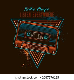 Original vintage vector illustration of audio cassette on the background of retro elements with text composition