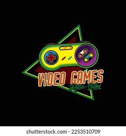 Original vintage vector illustration of a gaming gamepad. Retro logo. T-shirt design, design element.