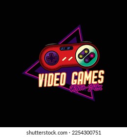 Original vintage vector illustration of a gaming gamepad. Retro logo. T-shirt design, design element.