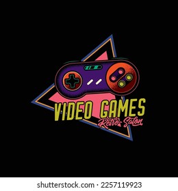 Original vintage vector illustration of a gaming gamepad. Retro logo. T-shirt design, design element.