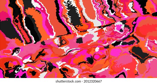Original Vivid Bright Multicolor Red Plane View. White Fashion Modern Detailed Black Art Map Illustration. Ornamental Neon Grunge Pink Psychedelic Design. Acid Digital Textile Color Orange Background.