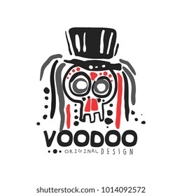 Original Voodoo magic logo template design with abstract skull with hair wearing hat. Religion and culture. Hand drawn mystical vector illustration