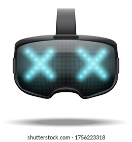 Original VR goggles headset with light text effect. Front view. Vector illustration Isolated on white background.