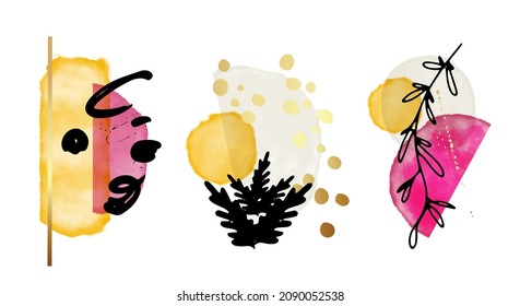 Original watercolor decoration, modern minimalist horizontal graffiti design. Modern frame for wall decoration, postcard or brochure cover design. Vector EPS10. Pink yellow black  color