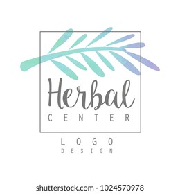 Original watercolor logo with branch of medicinal plant. Alternative medicine and wellness. Vector design element for herbal store or packaging of eco product