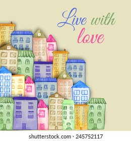 Original watercolor painted houses in Amsterdam architecture style. Colorful vector illustration. Can be used for cute print design for greeting holiday card or fashion design.