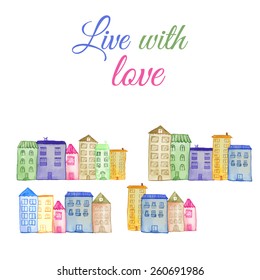 Original watercolor painted houses in Amsterdam architecture style. Colorful vector illustration. Can be used for cute print design for greeting holiday card or fashion design.