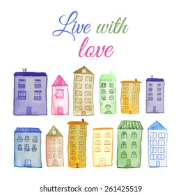 Original watercolor painted houses in Amsterdam architecture style. Colorful vector illustration. Vector set of elements.Can be used for cute print design for greeting holiday card or fashion design.