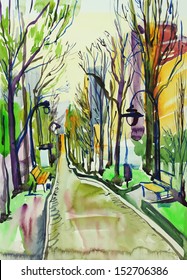 original watercolor painting of city park
