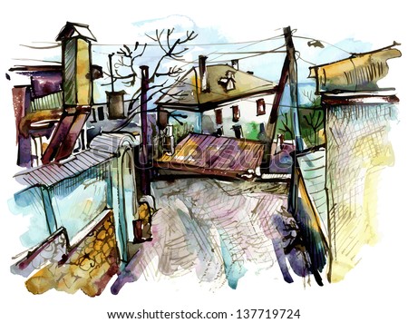 original watercolor painting on paper of old street in Gurzuf, Crimea, Ukraine, plein air painting, vector version
