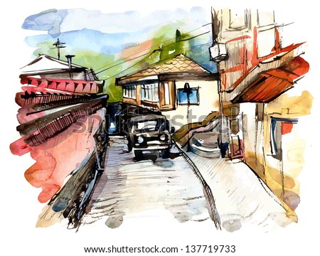 original watercolor painting on paper of old street of Gurzuf, Crimea, Ukraine, plein air painting, vector version