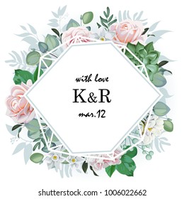 Original wedding invitation with roses and succulents