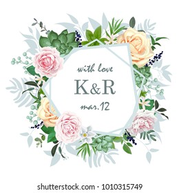 Original wedding invitation with roses and succulents