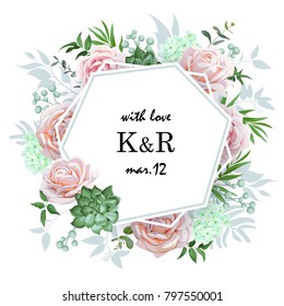 Original wedding invitation with roses and succulents