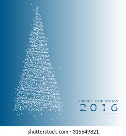 Original white Christmas tree on a blue gradient background with text Merry Christmas 2016 for postcards and congratulations.