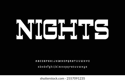 Original white font, bold slab serif alphabet, uppercase and lowercase Latin letters and Arab numbers in the style of handmade graphics, vector illustration 10EPS