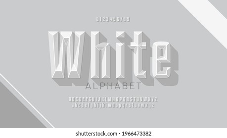 Original white retro font with facets, bold 3d alphabet set with letters and numbers.