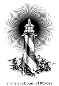 Original wood block or wood cut style lighthouse illustration