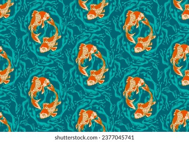 Original written batik with natural themes with Koi fish. Textile fashion design. 