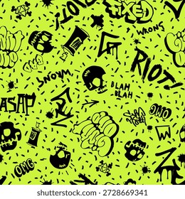 Original patrón sin fisuras juvenil con graffiti y scull, repitiendo la Imagen para el uso de patrón en cualquier artículo, Fondo de pantalla, cortinas. Pegatinas de tatuaje de garabatos de graffiti Y2k.