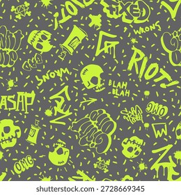 Original youth seamless pattern with graffiti and scull, repeating image for using pattern on any items, wallpaper, curtains. Y2k graffiti doodle tattoo stickers.