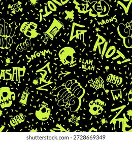 Original youth seamless pattern with graffiti and scull, repeating image for using pattern on any items, wallpaper, curtains. Y2k graffiti doodle tattoo stickers.