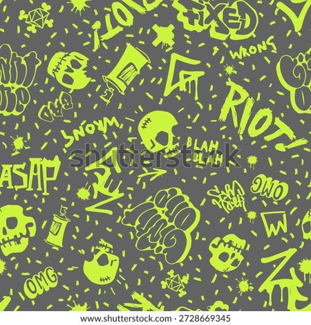 Original youth seamless pattern with graffiti and scull, repeating image for using pattern on any items, wallpaper, curtains. Y2k graffiti doodle tattoo stickers.