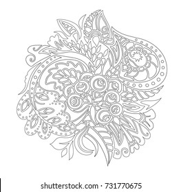 Original zentangle pattern for adult and children. coloring book composed of abstract doodle leafs, flowers and rowan berries. Black-white vector illustration
