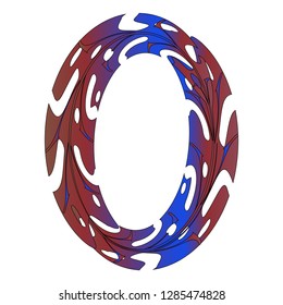 Original Zero Symbol Design. Tropical Leaf Style Letter O Vector Illustration. Stylish Idea for Logo, Emblem etc. Null Number Textured Design in Red and Blue. Oval Frame, Border Template