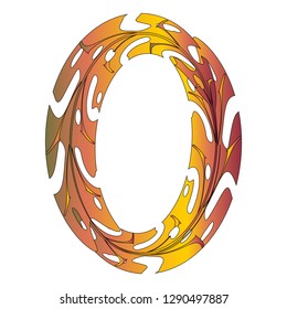 Original Zero Symbol Design. Tropical Leaf Style Letter O Vector Illustration. Stylish Idea for Logo, Emblem etc. Null Number Textured Design in Orange, Yellow, Red. Oval Frame, Border Template