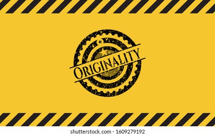 Originality black grunge emblem, yellow warning sign. Vector Illustration. Detailed.